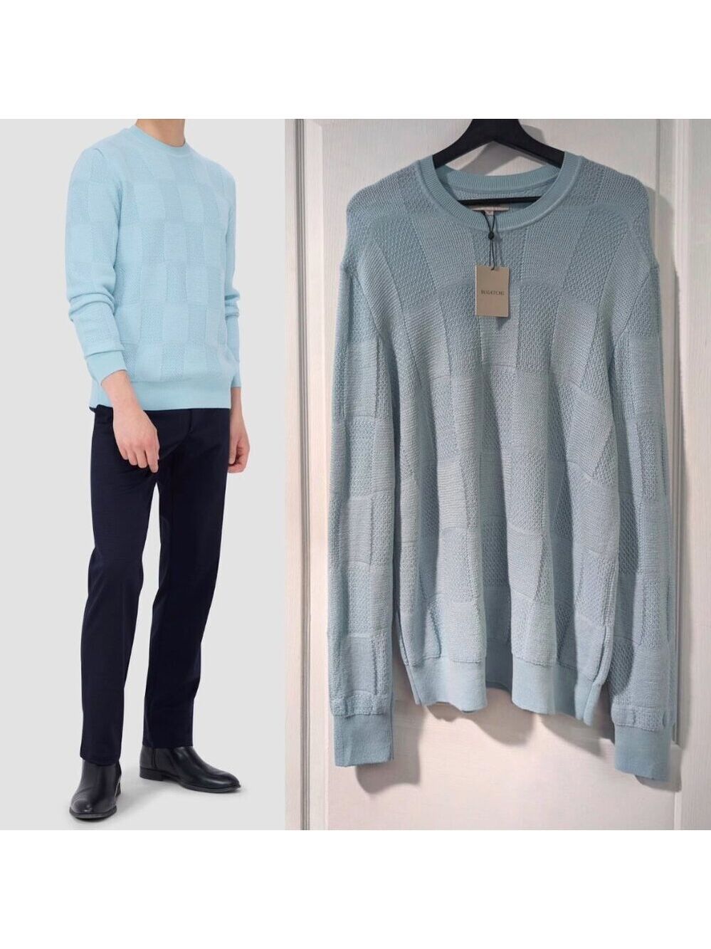 Bugatchi | Multi-Stitch Check Jacquard Crew Neck Sweater In Ice Blue